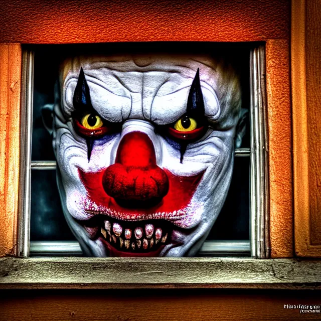 Image similar to scary clown looking through your window, highly detailed, 8 k, hdr, smooth, sharp focus, high resolution, award - winning photo