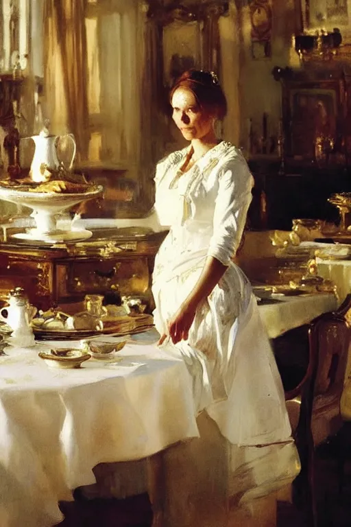 Prompt: portrait of a respectable dignified royal business elite politician standing on top of a finely set table calmly stepping in the food art by anders zorn, wonderful masterpiece by greg rutkowski, beautiful cinematic light, american romanticism by greg manchess, jessica rossier