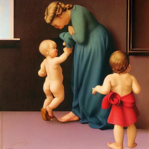 Prompt: a baby's first steps by Raphael, Hopper, and Rene Magritte. detailed, romantic, enchanting, trending on artstation.