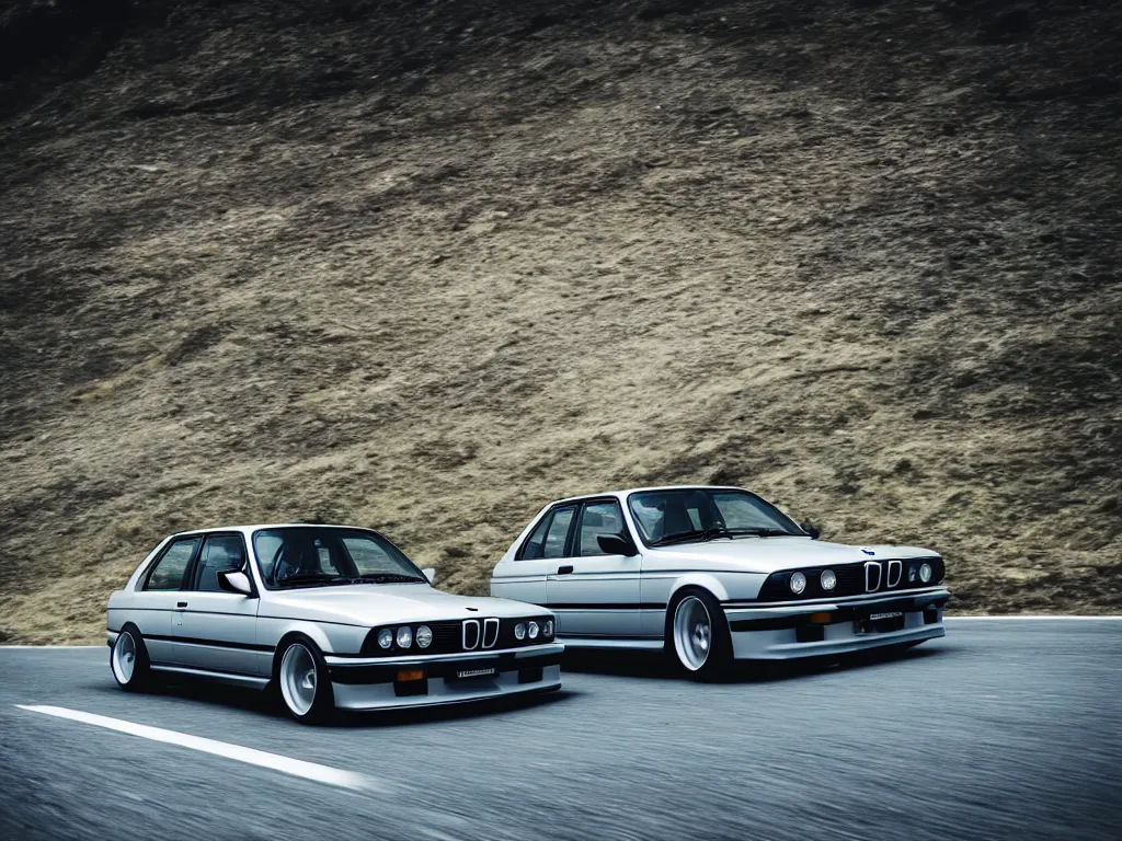 Image similar to a single modified bmw e 3 0 with lights on a mountain road, motion blur, 3 5 mm photography, car photography, clean lines, realistic