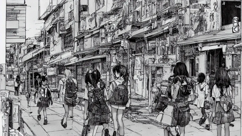 Image similar to cute schoolgirl walk in ghetto, in style of katsuya terada,, 8 k, hyper detailed.