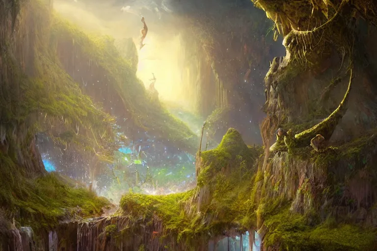 Image similar to amazing concept painting, by Jessica Rossier and HR giger and Beksinski, prophecy, hallucination, garden of eden, lush fruit orchard stream and rock garden, waterfalls, moss, fruit trees, wild animals, garden of earthly delights