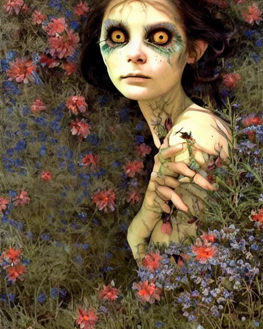 Prompt: a pretty but sinister and creepy goblin in dead space, with haunted eyes, violence in her eyes, 1 9 7 0 s, seventies, delicate embellishments, a little blood, woodland, blue dawn light shining on wildflowers, painterly, offset printing technique, by walter popp, alexandre cabanel