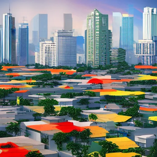 Prompt: Saigon Cityscape. Vietnam colorscheme. Vietnam flag. Clean and simple. Trending on Artstation. 8k resolution.
