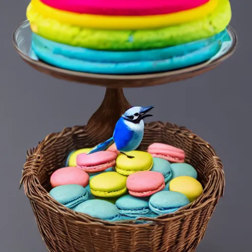 Image similar to A photograph of a (photorealistic blue jay) standing on a large basket of rainbow macarons.