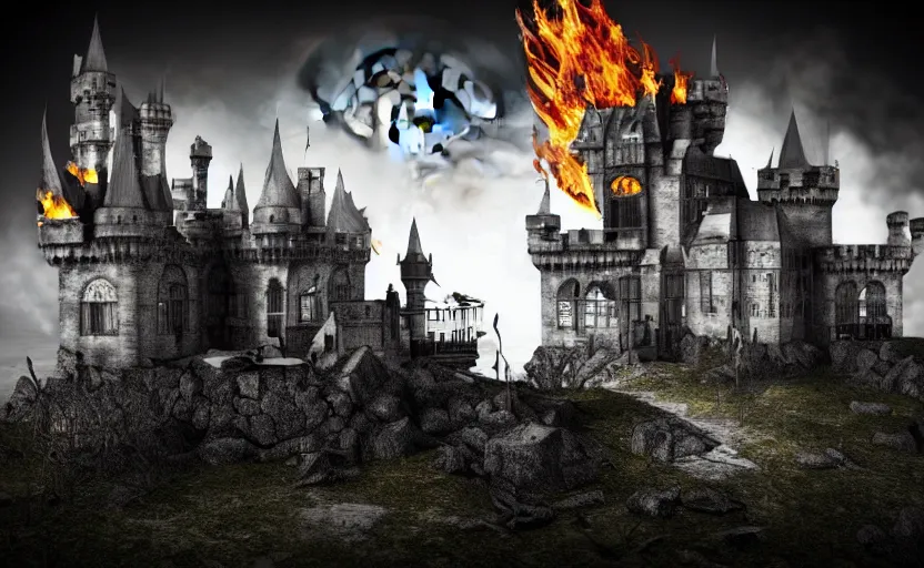 Image similar to a picture in high contrast of burning!!! gothic! castle in smoke on a hill, chaos, full moon in clouds, visual art, 8 k resolution, 3 d modelling, soft lighting