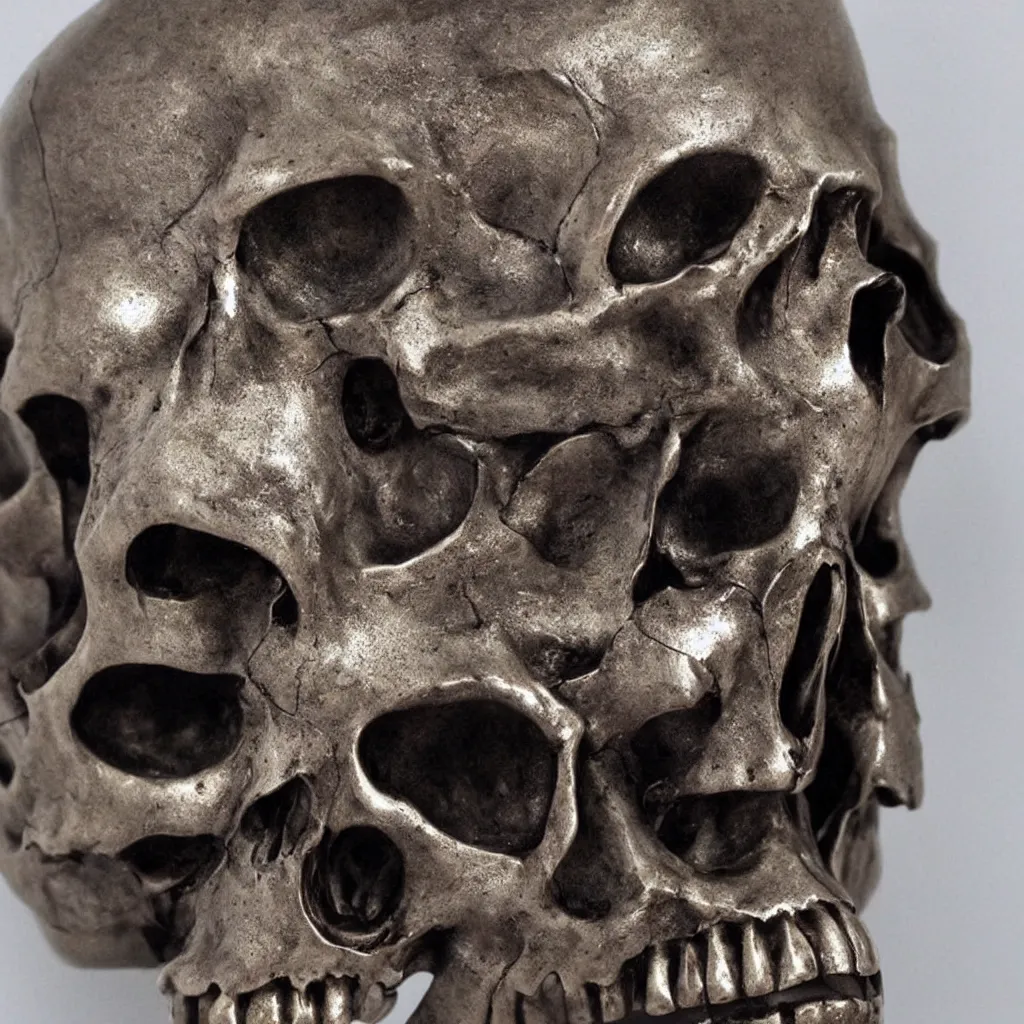 Image similar to a realistic metal sculpture of one skull, super detailed