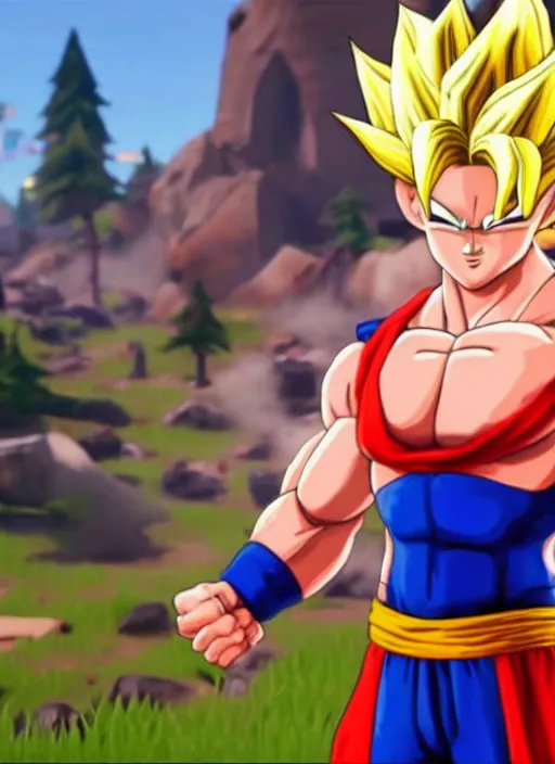 Image similar to game still of super sayan goku as a fortnite skin in fortnite.