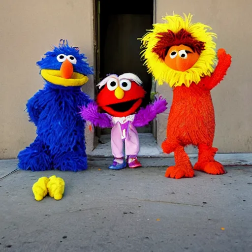 Prompt: Sesame Street characters on Skid Row