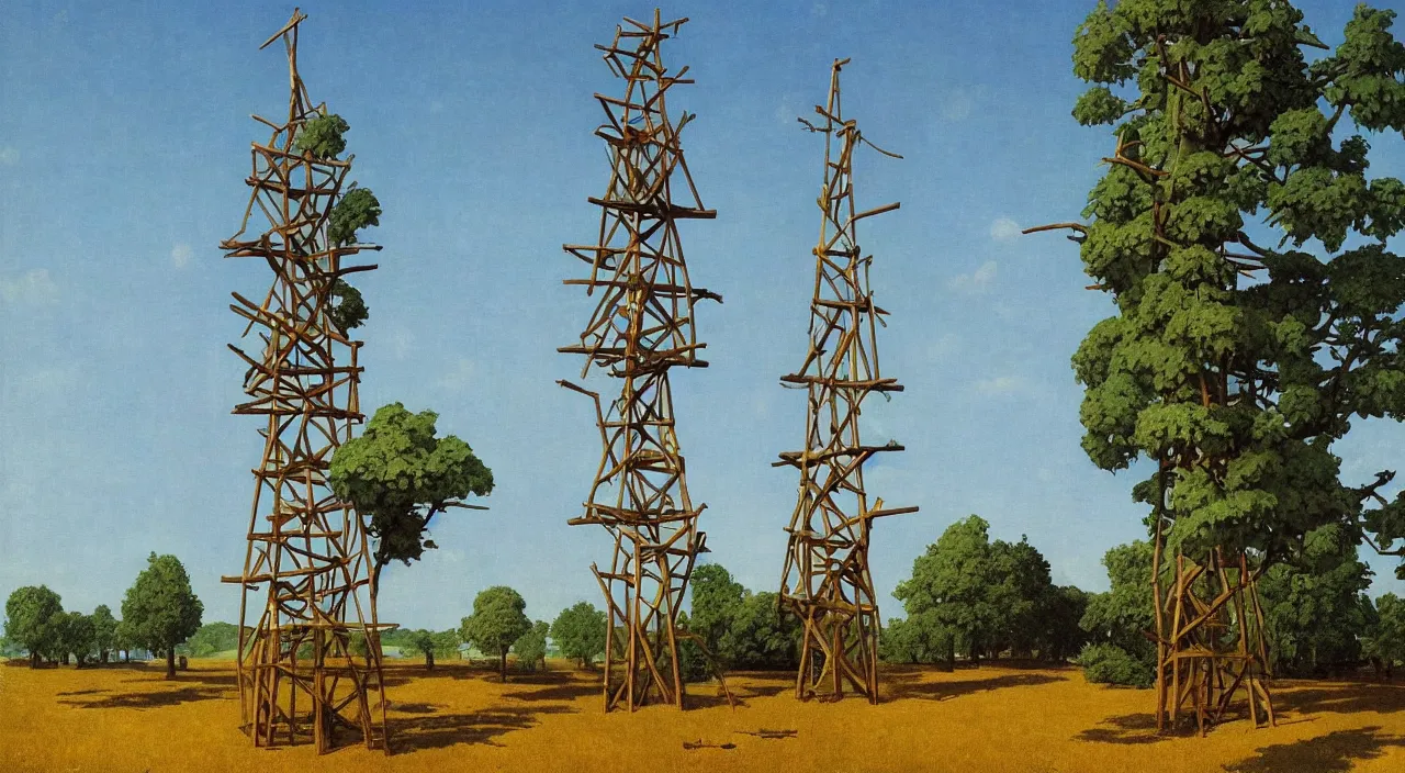 Image similar to single flooded simple wooden tree tower!, very coherent and colorful high contrast!! masterpiece by rene magritte simon stalenhag carl spitzweg syd mead norman rockwell edward hopper james gilleard, minimalist, dark shadows, sunny day, hard lighting