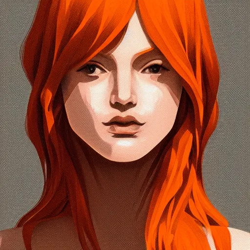 Image similar to a symmetrical portrait of a beautiful orange - haired woman, face and shoulders, concept art, intricate, aesthetic!!!!!, god rays, dramatic, ultra detailed