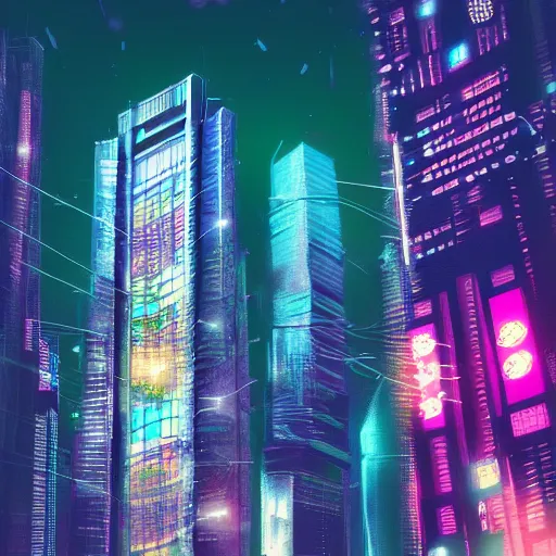 Image similar to cyberpunk dreamscape, tall buildings, neon lights, holographs, nighttime