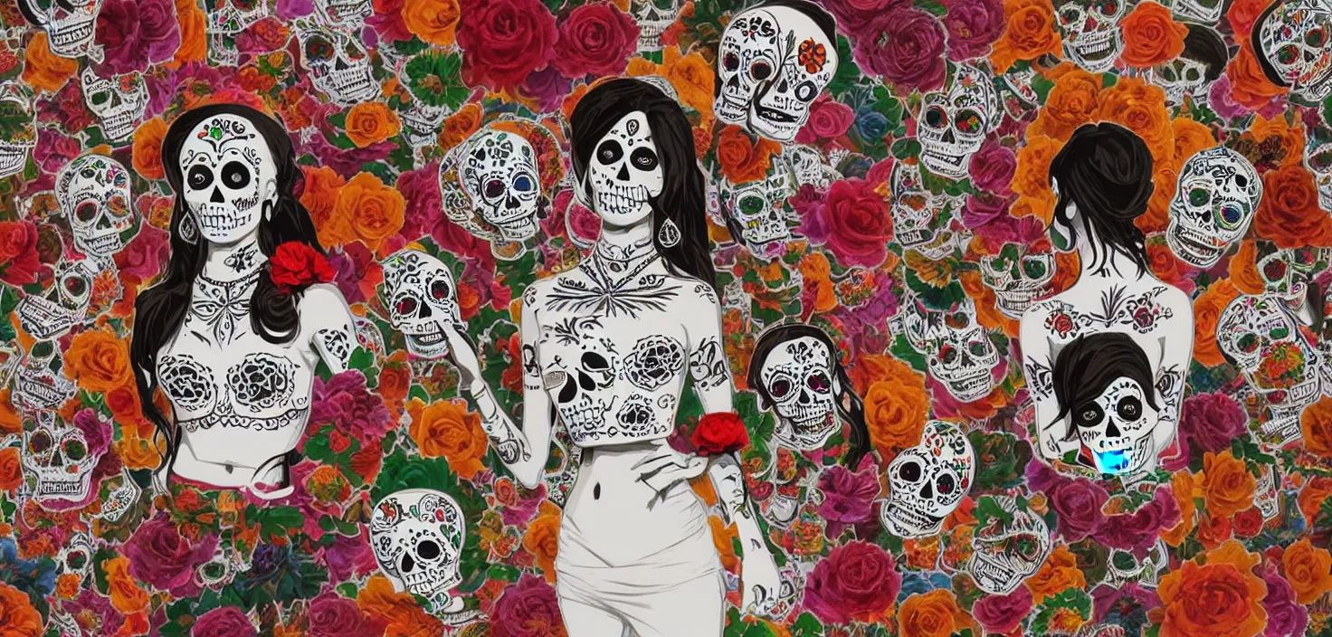 Prompt: mexican day of the dead, sticker style art, white background, trending on artstation, greg rutkowski, john singer sargent, crop top, intricate