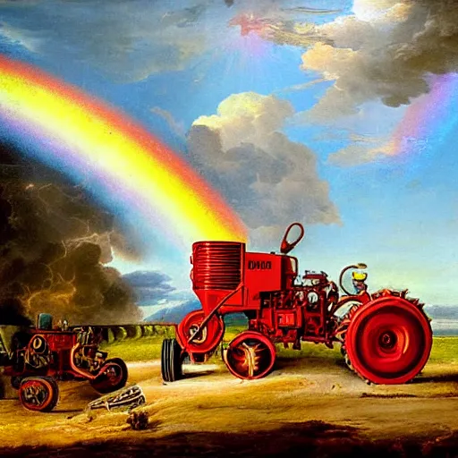 Image similar to a burning tractor over a rainbow as a baroque painting