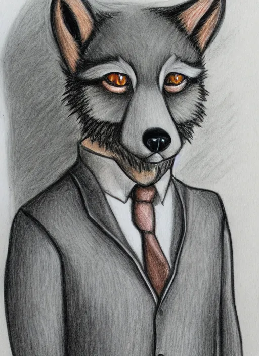 Image similar to master furry artist colored pencil drawing full body portrait character study of the anthro male anthropomorphic wolf fursona animal person detective wearing suit and tie