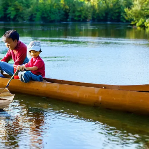 Image similar to Asian boy fishing with his father in canoe