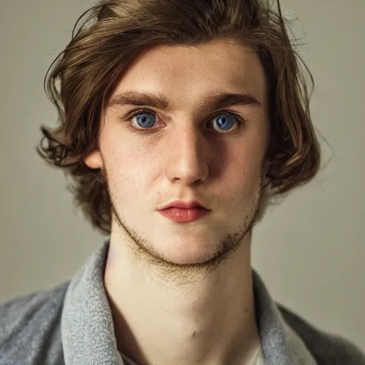 Prompt: portrait of a 2 1 year old german - irish man with long face, long brown hair, strong chin, grey eyes, stubble