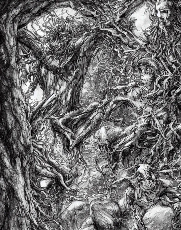 Image similar to concept art of Leshy, intricate details, Masanori Warugai and Kentaro Miura