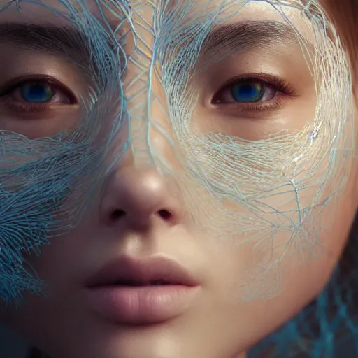 Image similar to intricate highly detailed face portrait of asian - european woman, light blue water vines on her face, intricate, cgsociety, unreal engine, octane render, sharp focus, smooth, volumetric lighting, cinematic composition, artstation