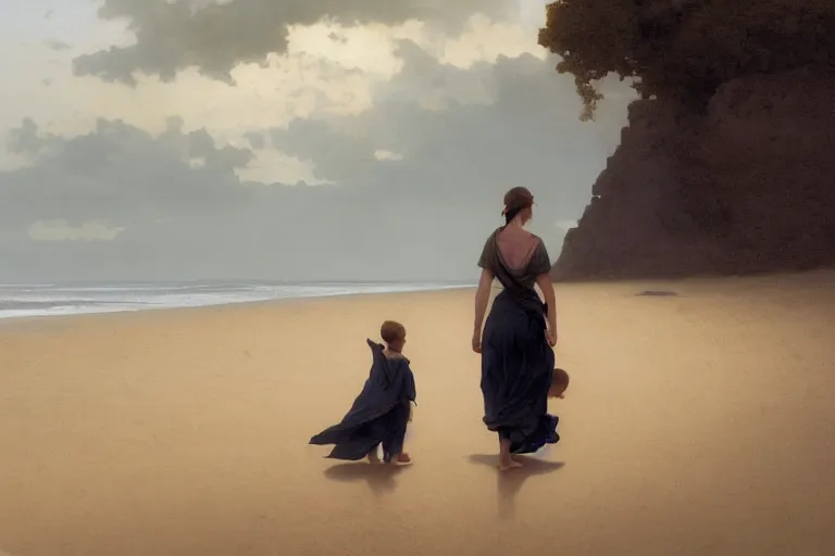 Image similar to woman with child walking on beach, by Greg Rutkowski, William-Adolphe Bouguereau, jason chan, Maxim Verehin, Peter Konig, photorealistic 8k, cinematic lighting, HD, high detail, atmospheric, trending on artstation