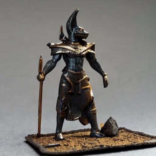 Image similar to A miniature figure of god Anubis. Diorama. Very fuff detailed. 4k. Macro 100 mm
