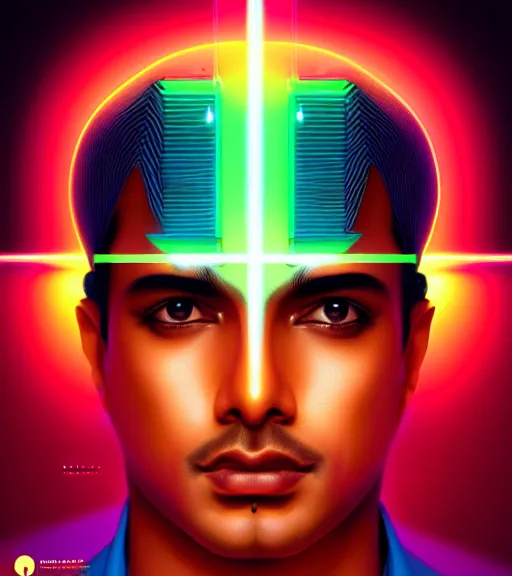 Image similar to symmetry!! indian prince of technology, solid cube of light, hard edges, product render retro - futuristic poster scifi, lasers and neon circuits, brown skin handsome indian prince, intricate, elegant, highly detailed, digital painting, artstation, concept art, smooth, sharp focus, illustration, dreamlike, art by artgerm