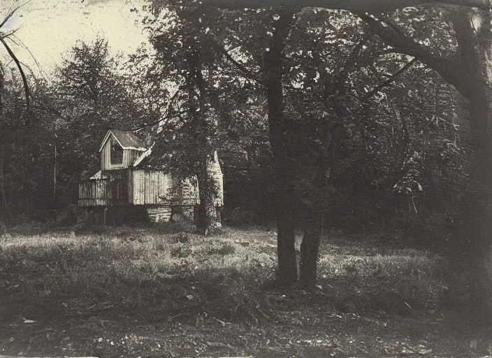 Prompt: sinister black and white old photography of a small house in the woods. daguerreotype photo