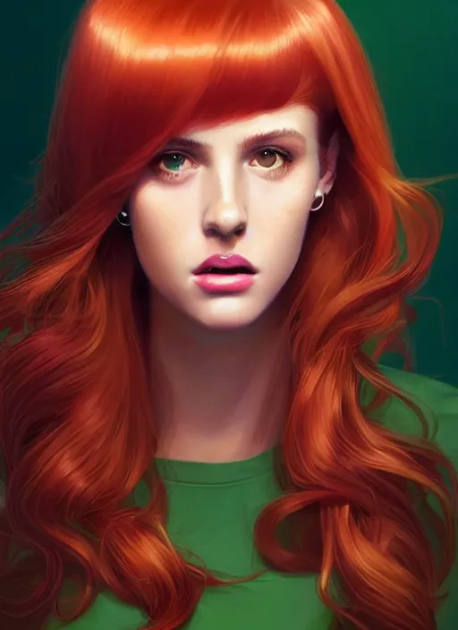 Image similar to full body portrait of teenage cheryl blossom, bangs, green eyes, sultry expression, red hair, sultry smirk, bangs and wavy hair, big bangs, intricate, elegant, glowing lights, highly detailed, digital painting, artstation, concept art, smooth, sharp focus, illustration, art by wlop, mars ravelo and greg rutkowski