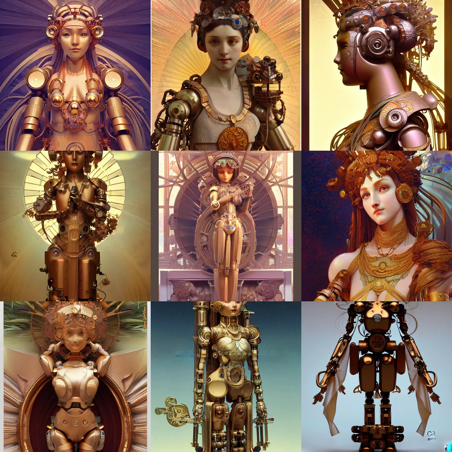 Image similar to octane render ultra photorealistic hyper detailed, a very very cute wooden mystical statue robot of the roman godess natural, trending on cgsociety, in a contemporary art gallery in neo tokyo artwork by alphonse mucha