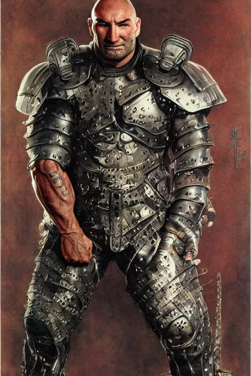 Image similar to upper body portrait of hulking giant dave bautista in combat scifi leather battle armour by norman rockwell