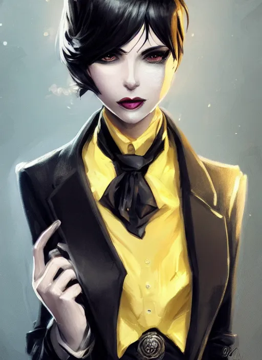 Image similar to a highly detailed illustration of beautiful short black messy haired woman wearing eyepatch and noir style suit and tie, yellow eyes, dramatic smiling pose, intricate, elegant, highly detailed, centered, digital painting, artstation, concept art, smooth, sharp focus, league of legends concept art, WLOP