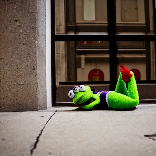 Image similar to street photography picture of a muppet kermit the frog laying in the doorway of an oppressive building. fugifilm 4 k close focus. distopia sad