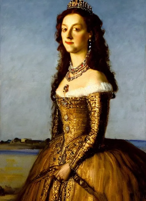 Image similar to portrait of the queen elizabeth 2 in a golden hour lighting, painted by gustave courbet, 8 k extremely realistic and highly detailed