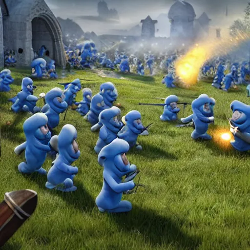 Prompt: thousands of smurfs with medieval weapons battling on an epic battlefield with medieval, moon shining golden light, miniaturecore, supremely digital, medieval, unreal engine, super detailed, outstanding detail, dreamlike lighting, god rays