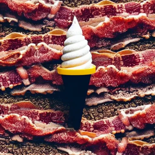 Image similar to a detailed photograph of a levitating ice cream cone made of bacon