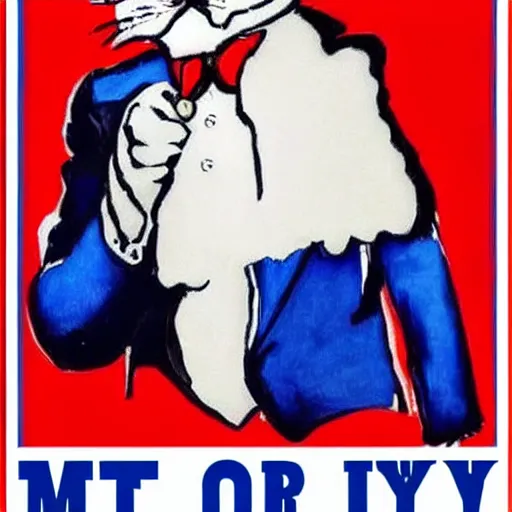 Prompt: cat in red white & blue suit in miliatry recruitment poster we want you