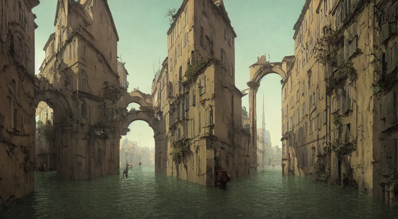 Prompt: a high contrast! painting of a minimalist ultradetailed photorealistic flooded ancient street empty arch by rene magritte simon stalenhag carl spitzweg jim burns, full - length view, vibrant colors, extremely high contrast!, symmetry, great composition, high detail, cinematic lighting, award winning masterpiece, trending on artstation