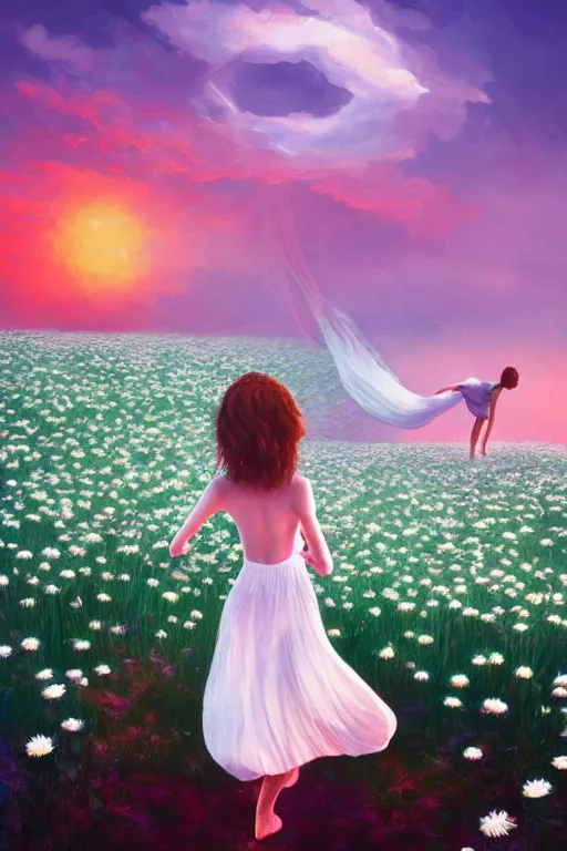 Image similar to veil of giant white daisy flower as head, girl dancing in a flower field, surreal photography, sunrise, dramatic light, impressionist painting, colorful clouds, digital painting, artstation, simon stalenhag