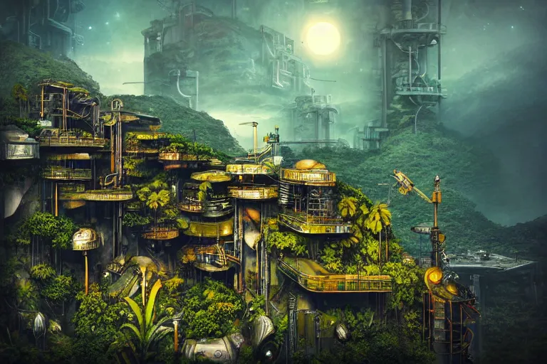 Image similar to sci - fi favela sculpture, art deco jungle environment, industrial factory, cliffs, gloomy, milky way, award winning art, epic dreamlike fantasy landscape, ultra realistic,