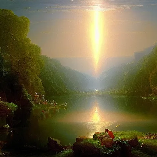 Prompt: An oil painting called: river of light that leads to God, painted by Thomas Cole, award winning, extremely detailed, 4k,