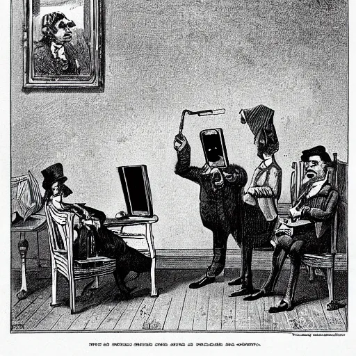 Prompt: 1884 cartoon from Punch magazine about cell phones and the internet