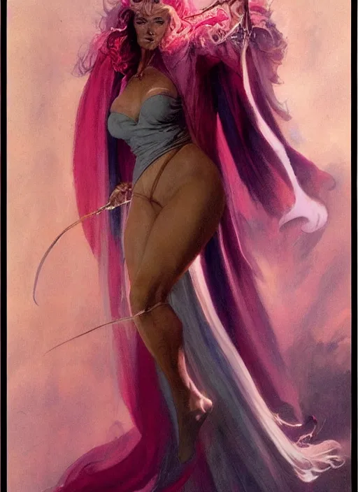 Prompt: portrait of plump sorceress of the moon, pink robe and veil, lightning halo, strong line, muted color, beautiful! coherent! by frank frazetta, by boris vallejo