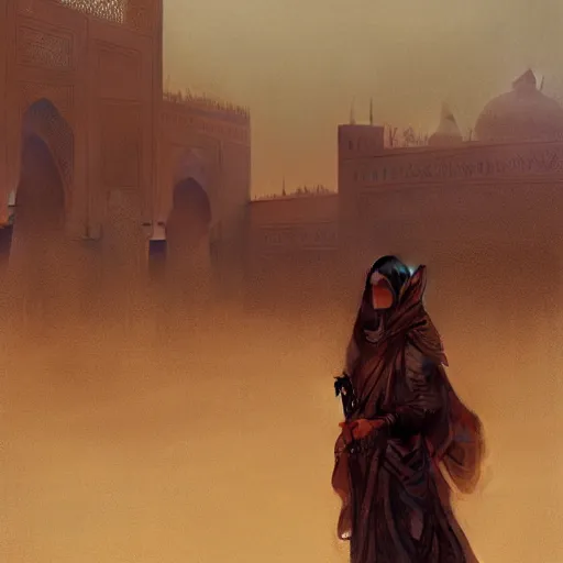 Prompt: sandstorm in marrakech, highly detailed, digital painting, artstation, concept art, sharp focus, illustration, art by greg rutkowski and alphonse mucha