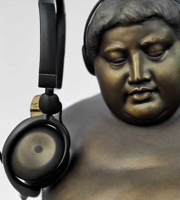 Image similar to a 4 k photorealistic photo medium shot of a bronze statue of a obese young man wearing headphones.