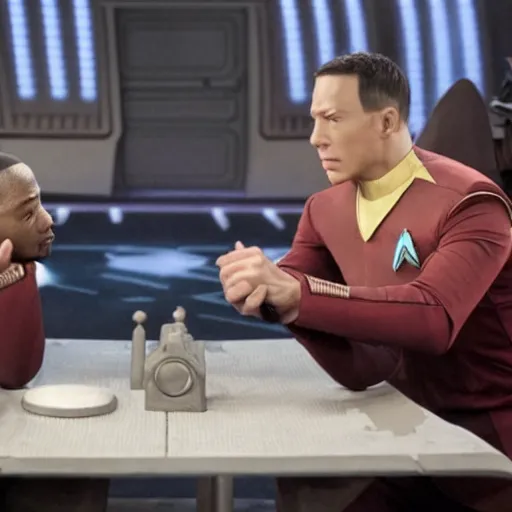 Prompt: isaac from the orville and data from star trek arm wrestling on the holodeck with the cast of both shows cheering on from the sidelines, 8 k, sharp focus, cinematic lighting, highly detailed, perfect anatomy,