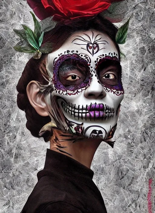 Image similar to dia de los muertos theme surrealist art in the styles of igor morski, jim warren, and aida muluneh, intricate, hyperrealistic, accurate facial details, profile picture with chromakey!!!!! background, volumetric lighting