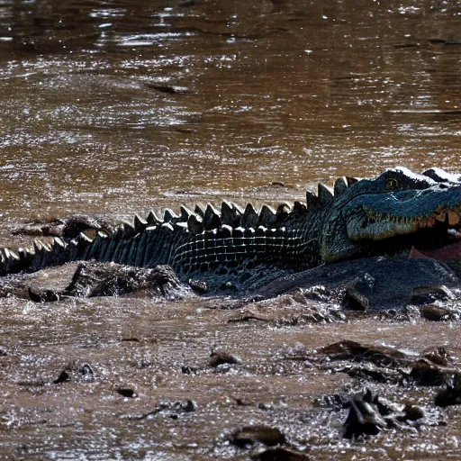 Prompt: a once human growling crocodile, photograph captured at woodland creek