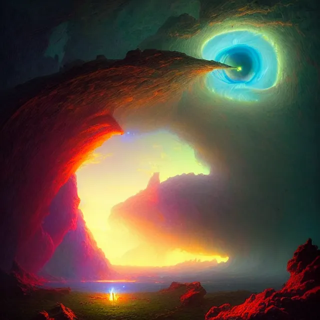 Image similar to the human eye iris, a portal to a fantasy aerial iceland landscape is seen inside the human eye!!!!!, volumetric lighting, colorful, sharp and focus, ultra detailed, beautifully lit landscape, astrophotography, in the art style of dan mumford, ivan aivazovsky and marc simonetti