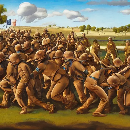 Prompt: Civil War battle of gettysburg but all the soldiers are oompa loompas, painting, painted by michelangelo, 8k