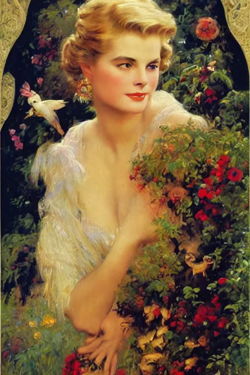 Image similar to A young and extremely beautiful Grace Kelly explaining the birds and the bees in the style of Gaston Bussière, art nouveau, art deco, surrealism. Extremely lush detail. Perfect composition and lighting. Very surreal flowers and animals and setting. Sultry.